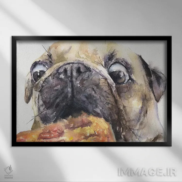 تابلو دکوراتیو پاگ و پیتزا ۴ اثر جورج دیاچنکو - نمای قابدار مشکی