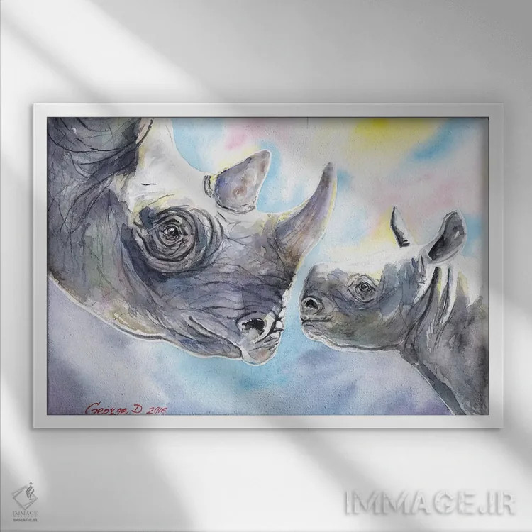 تابلو دکوراتیو خانواده کرگدن اثر جورج دیاچنکو - نمای قابدار سفید