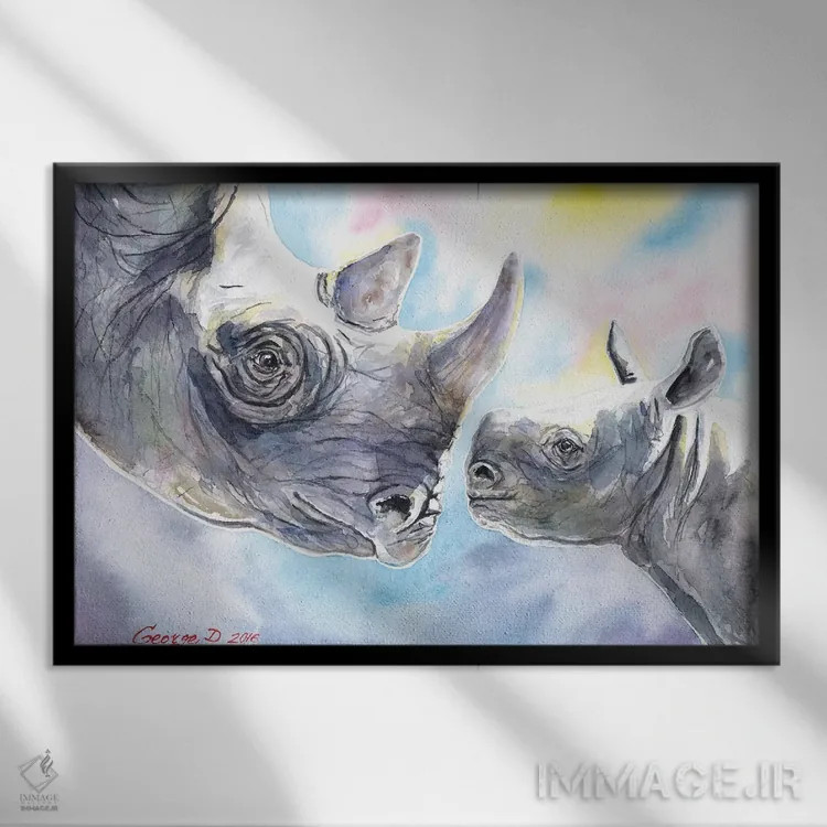 تابلو دکوراتیو خانواده کرگدن اثر جورج دیاچنکو - نمای قابدار مشکی