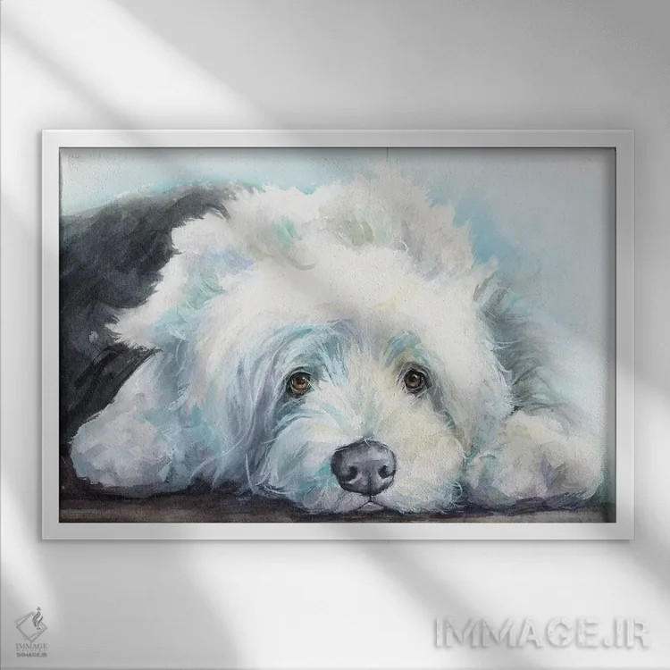 تابلو دکوراتیو توله گوسفند سگ انگلیسی قدیمی اثر جورج دیاچنکو - نمای قابدار سفید