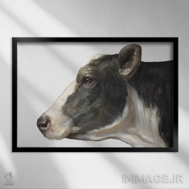 تابلو دکوراتیو گاو با زمینه سفید اثر جورج دیاچنکو - نمای قابدار مشکی