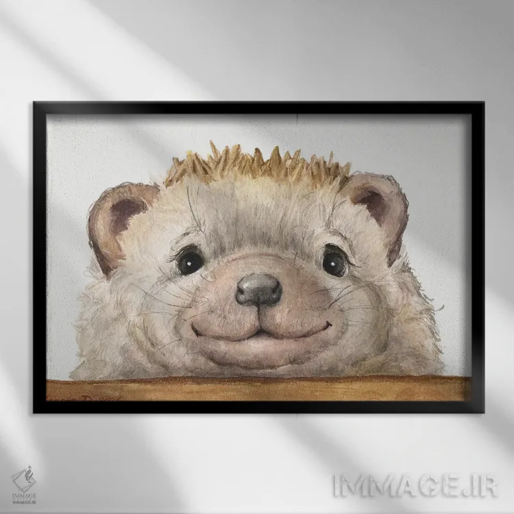 تابلو دکوراتیو جوجه تیغی با حصار چوبی اثر جورج دیاچنکو - نمای قابدار مشکی