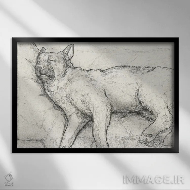 تابلو مینیمال ژرمن شپرد خوابیده ۲ روی کاغذ قدیمی اثر جورج دیاچنکو - نمای قابدار مشکی