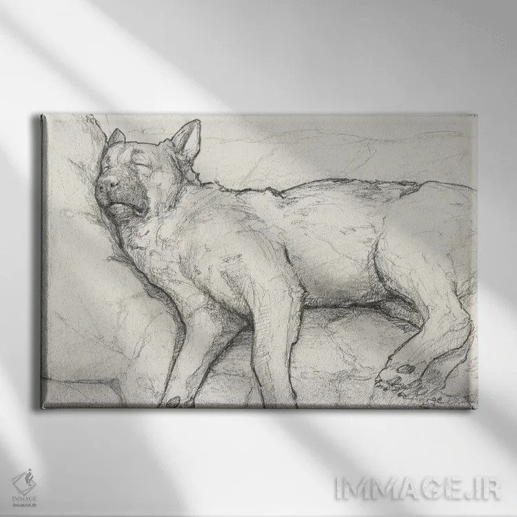 تابلو مینیمال ژرمن شپرد خوابیده ۲ روی کاغذ قدیمی اثر جورج دیاچنکو - نمای روبهرو روی دیوار