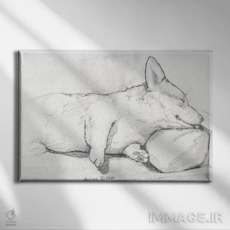 تابلو مینیمال کورگی خوابیده اثر جورج دیاچنکو - نمای روبهرو روی دیوار