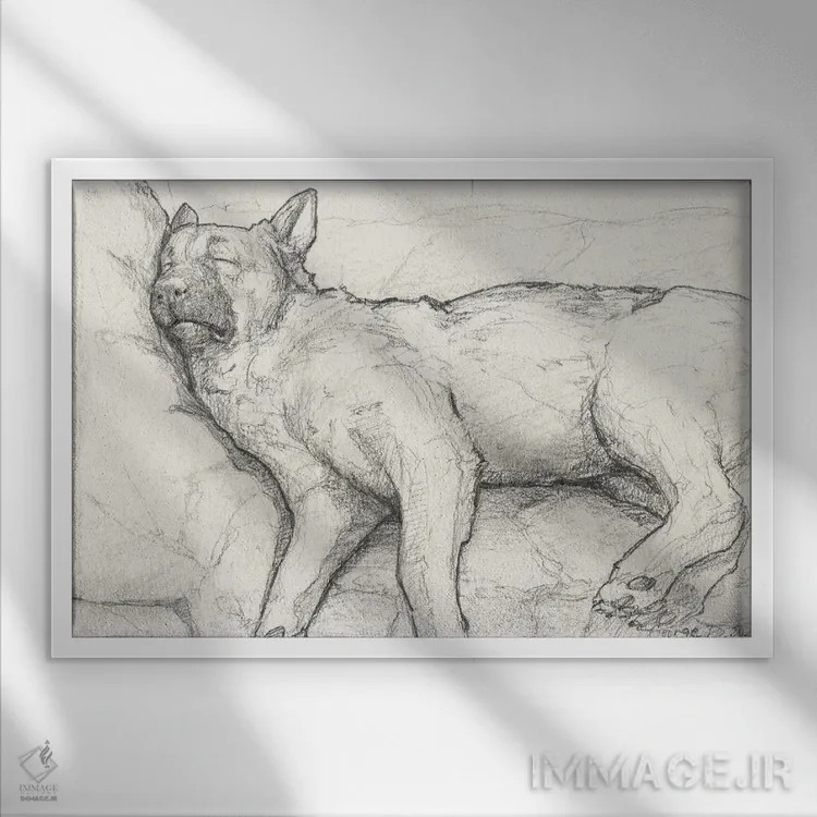 تابلو مینیمال ژرمن شپرد خوابیده ۲ روی کاغذ قدیمی اثر جورج دیاچنکو - نمای قابدار سفید