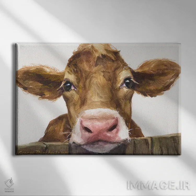 تابلو دکوراتیو گوساله قهوه ای بامزه اثر جورج دیاچنکو - نمای روبهرو روی دیوار
