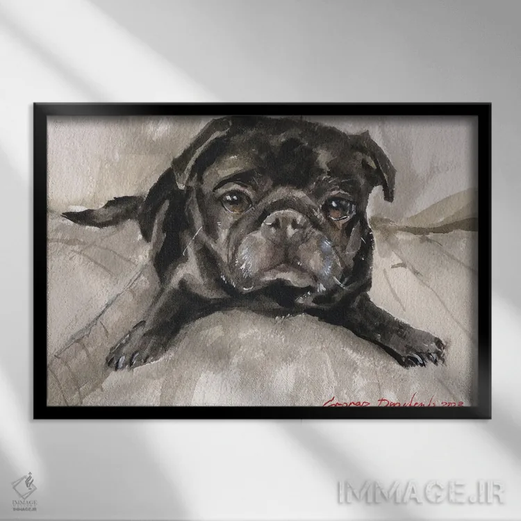 تابلو دکوراتیو پاگ سیاه روی مبل اثر جورج دیاچنکو - نمای قابدار مشکی