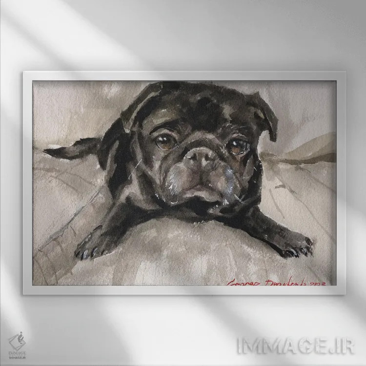 تابلو دکوراتیو پاگ سیاه روی مبل اثر جورج دیاچنکو - نمای قابدار سفید