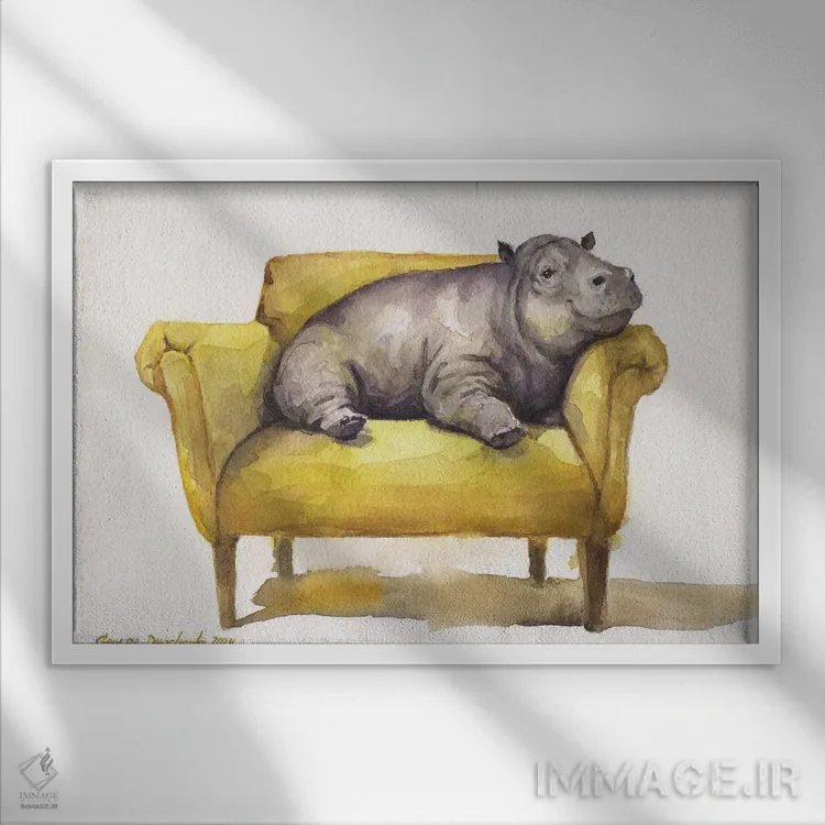 تابلو دکوراتیو اسب آبی روی صندلی اثر جورج دیاچنکو - نمای قابدار سفید