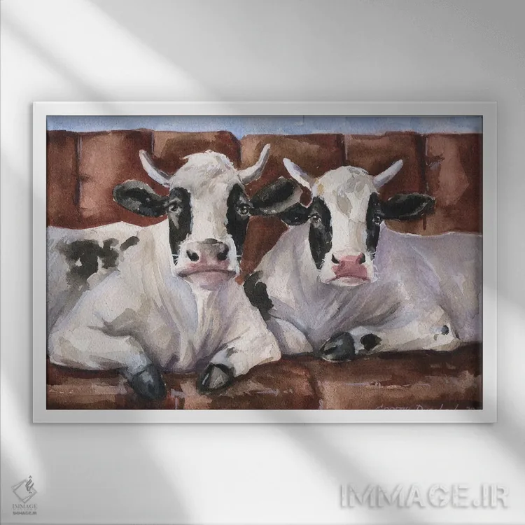 تابلو دکوراتیو دو گاو روی مبل اثر جورج دیاچنکو - نمای قابدار سفید