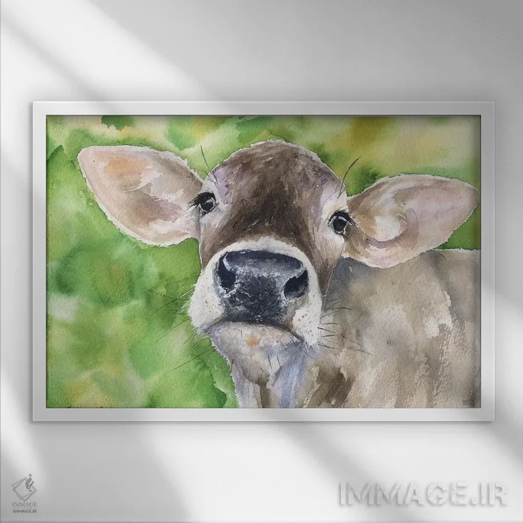 تابلو دکوراتیو گاو در طبیعت اثر جورج دیاچنکو - نمای قابدار سفید