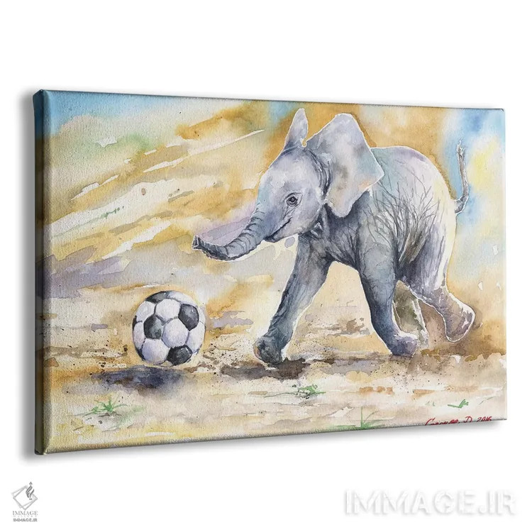 تابلو دکوراتیو فیل کوچک و توپ اثر جورج دیاچنکو - نمای پرسپکتیو محصول
