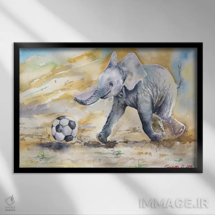 تابلو دکوراتیو فیل کوچک و توپ اثر جورج دیاچنکو - نمای قابدار مشکی