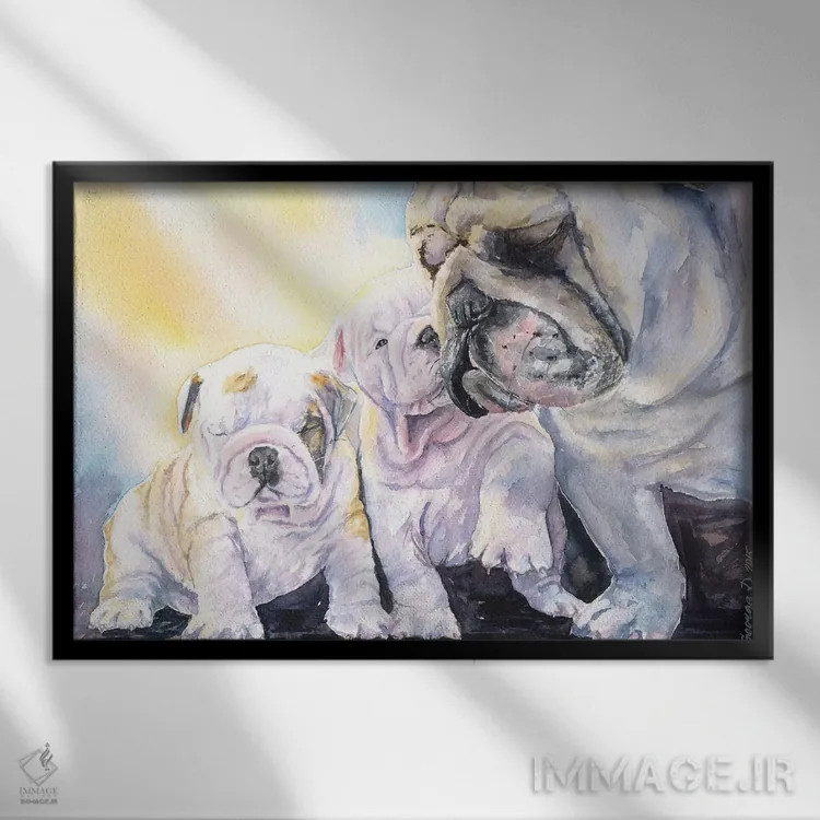 تابلو دکوراتیو خانواده بولداگ انگلیسی اثر جورج دیاچنکو - نمای قابدار مشکی