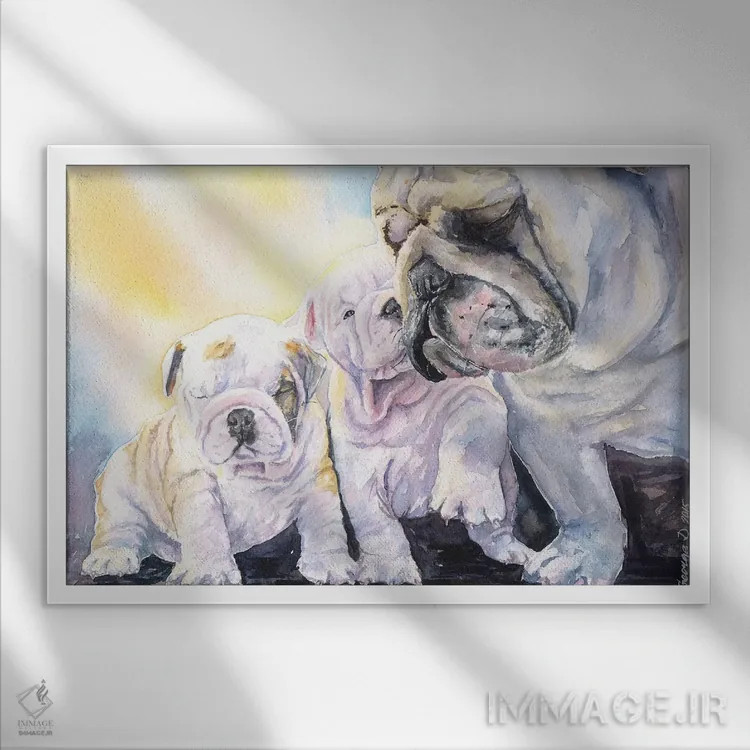 تابلو دکوراتیو خانواده بولداگ انگلیسی اثر جورج دیاچنکو - نمای قابدار سفید