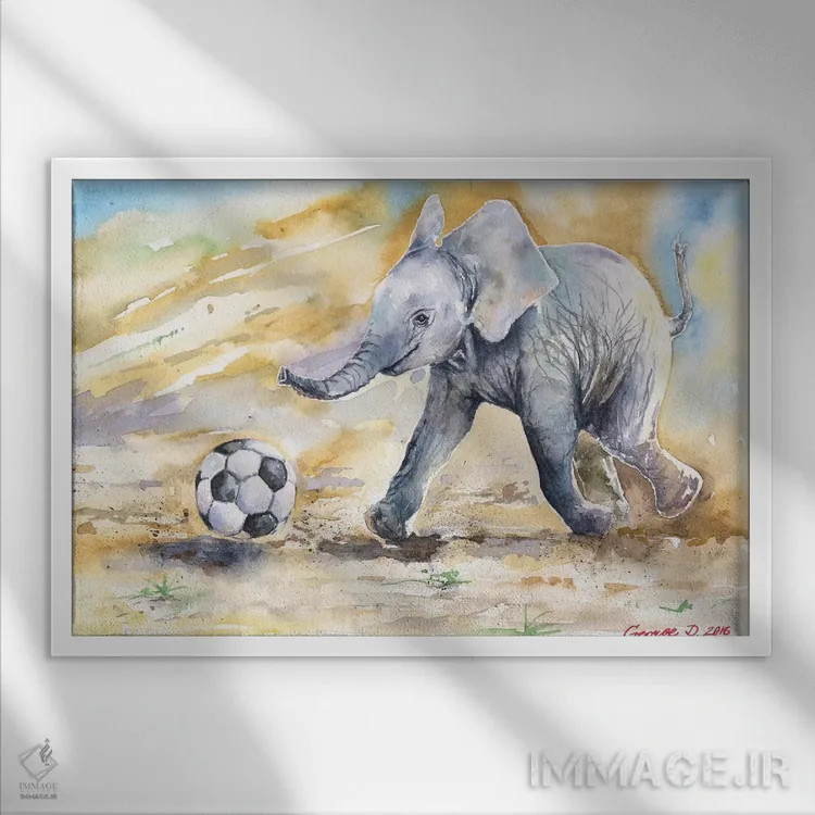 تابلو دکوراتیو فیل کوچک و توپ اثر جورج دیاچنکو - نمای قابدار سفید