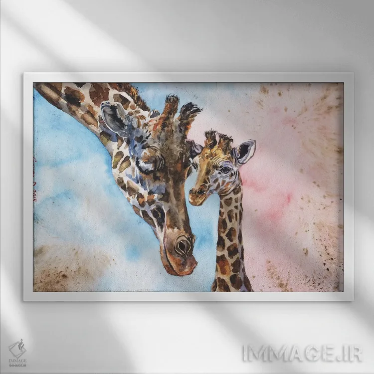 تابلو دکوراتیو خانواده زرافه ۱ اثر جورج دیاچنکو - نمای قابدار سفید