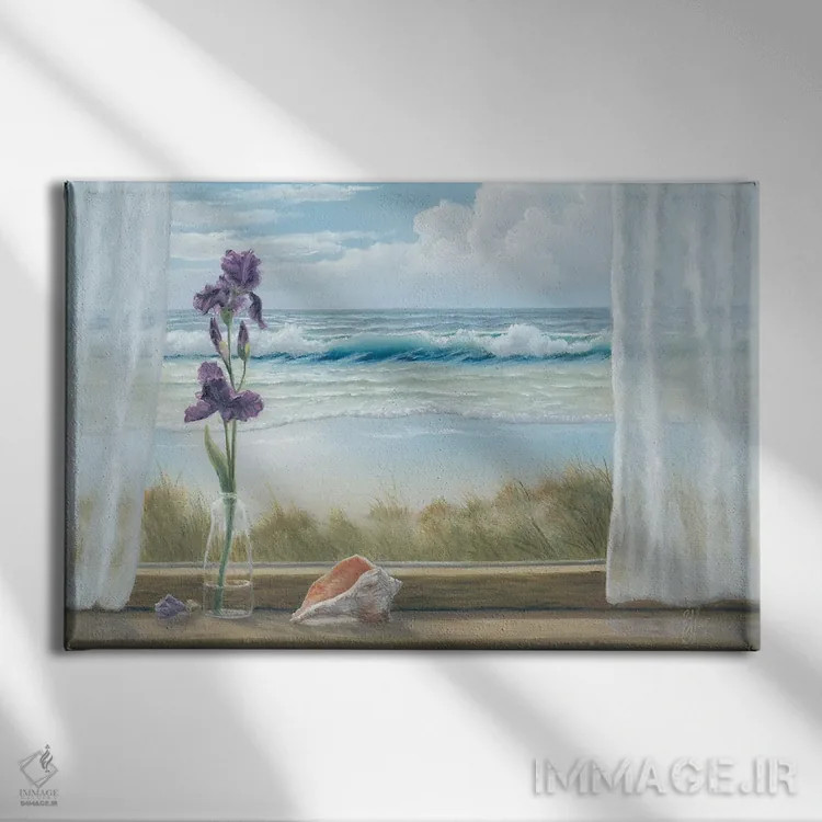 تابلو دکوراتیو زنبق ها روی طاقچه پنجره اثر جورجیا جانیس - نمای روبهرو روی دیوار