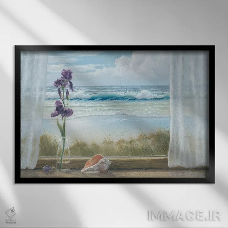 تابلو دکوراتیو زنبق ها روی طاقچه پنجره اثر جورجیا جانیس - نمای قابدار مشکی