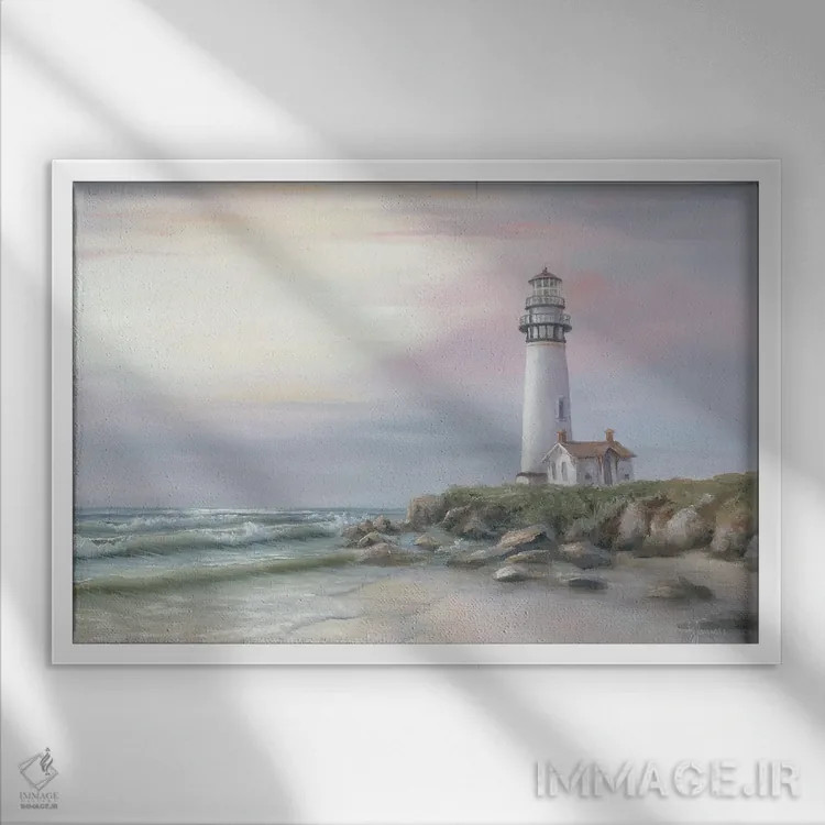 تابلو دکوراتیو فانوس دریایی در غروب اثر جورجیا جانیس - نمای قابدار سفید