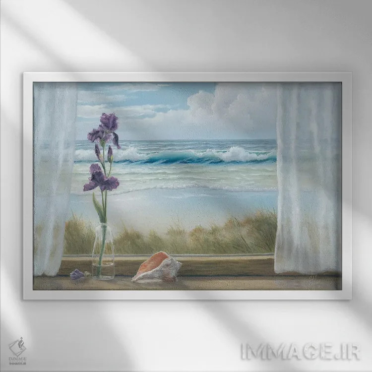 تابلو دکوراتیو زنبق ها روی طاقچه پنجره اثر جورجیا جانیس - نمای قابدار سفید