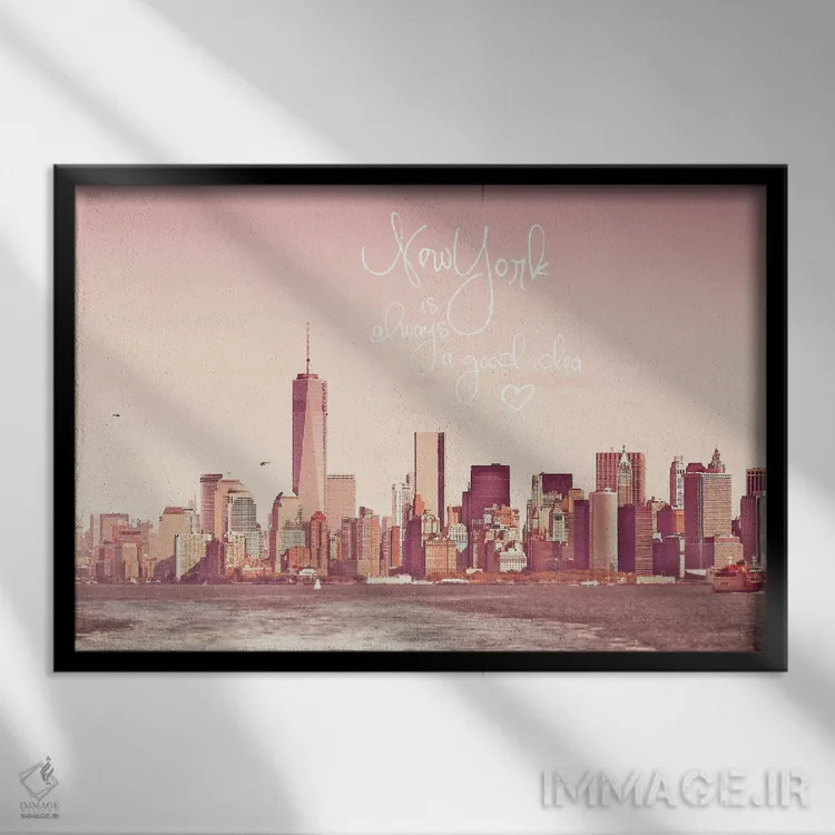 تابلو دکوراتیو خط افق نیویورک در رنگ رز اثر مونیکا استریگل - نمای قابدار مشکی