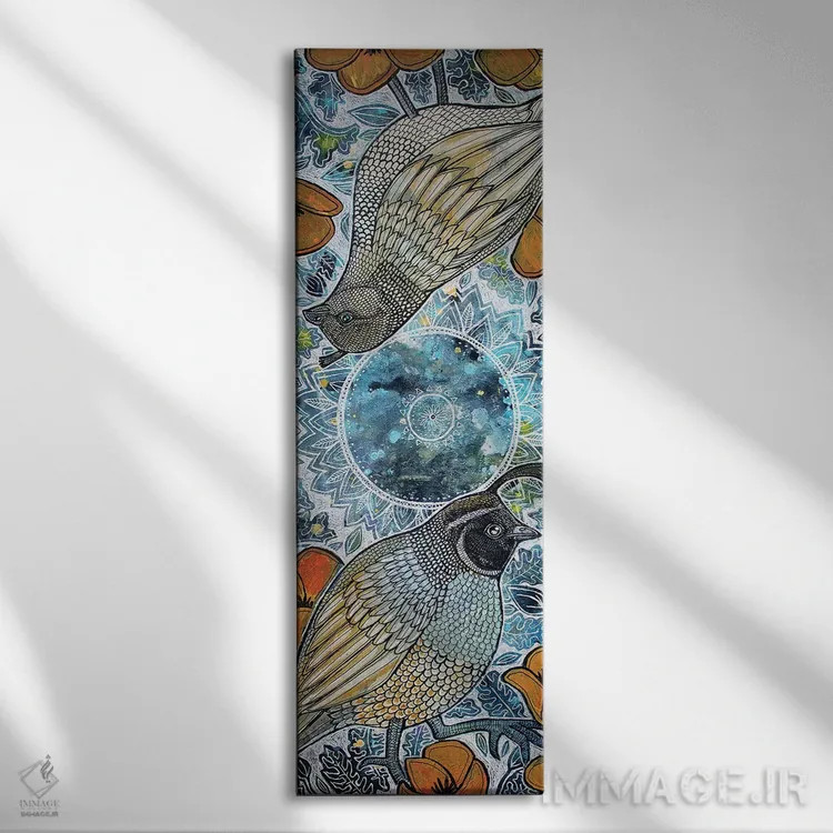 تابلو دکوراتیو جفت بلدرچین و شقایق ها اثر لینت شلی - نمای روبهرو روی دیوار