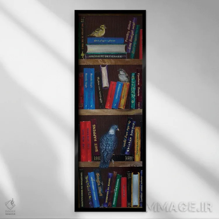 تابلو دکوراتیو قفسه کتاب با یک کبوتر اثر لنا اسمیرنوا - نمای قابدار مشکی