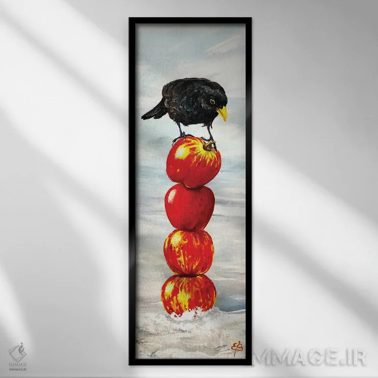 تابلو دکوراتیو مرغ سیاه و سیب ها اثر لنا اسمیرنوا - نمای قابدار مشکی