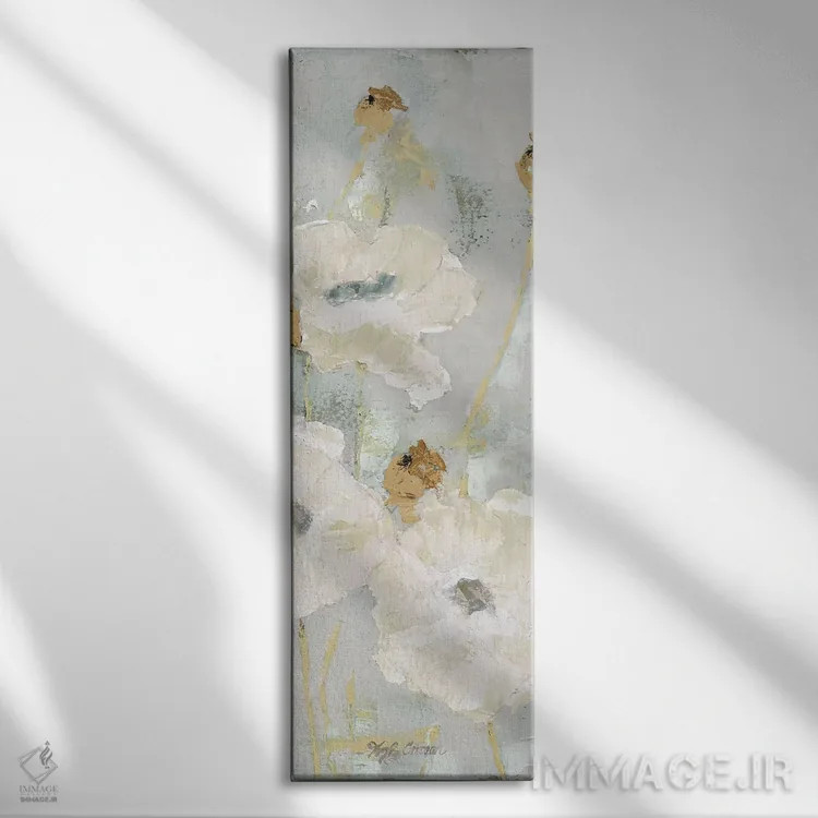 تابلو دکوراتیو شقایق ها در باد، پنل کرم رنگ II اثر ماری الین کوسون - نمای روبهرو روی دیوار