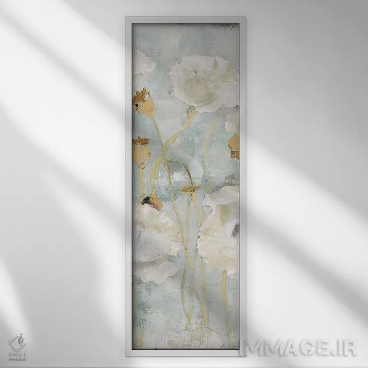 تابلو دکوراتیو شقایق ها در باد، پنل کرم رنگ I اثر ماری الین کوسون - نمای قابدار سفید