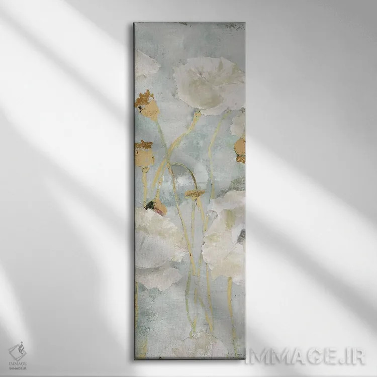 تابلو دکوراتیو شقایق ها در باد، پنل کرم رنگ I اثر ماری الین کوسون - نمای روبهرو روی دیوار