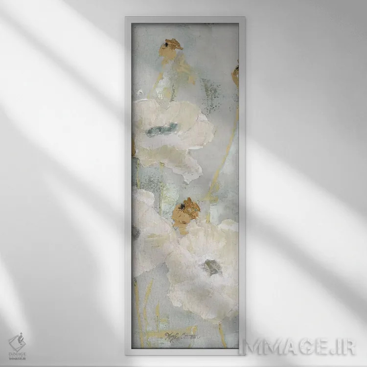 تابلو دکوراتیو شقایق ها در باد، پنل کرم رنگ II اثر ماری الین کوسون - نمای قابدار سفید