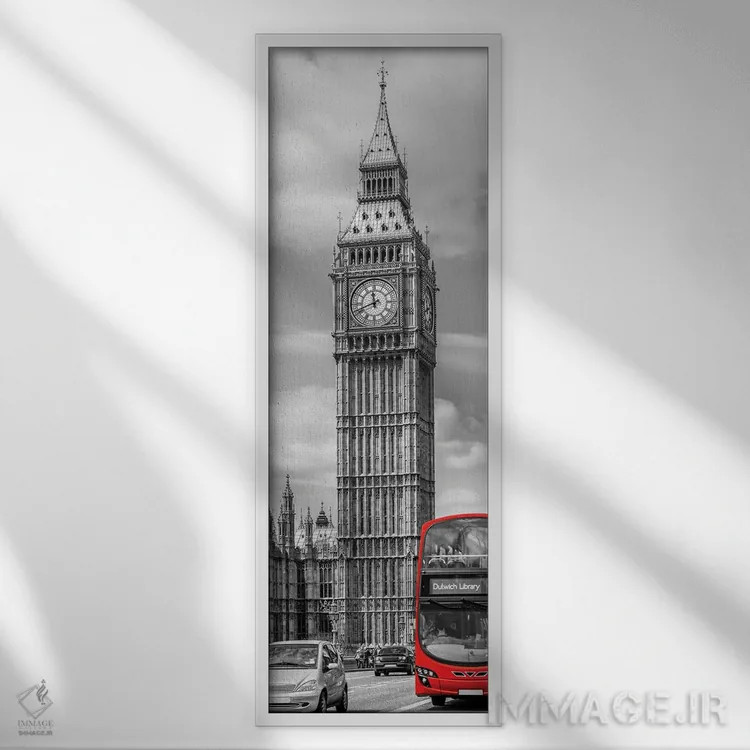 تابلو دکوراتیو برج الیزابت | پانورامای عمودی اثر ملانی ویولا - نمای قابدار سفید