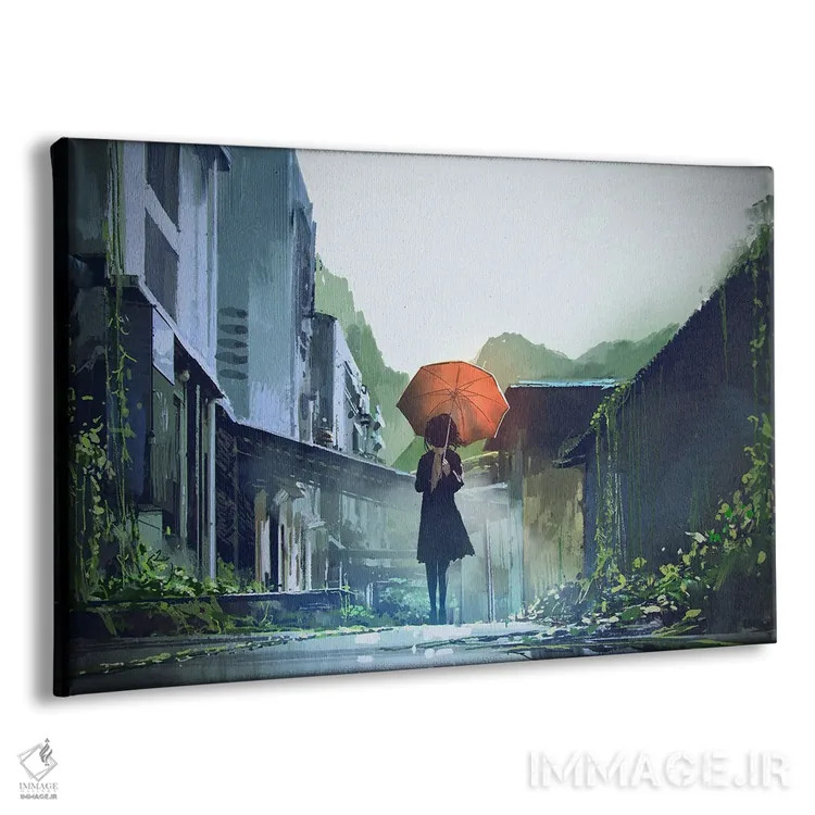 تابلو دکوراتیو زن مرموز با چتر نارنجی اثر گرندفیلر - نمای پرسپکتیو محصول