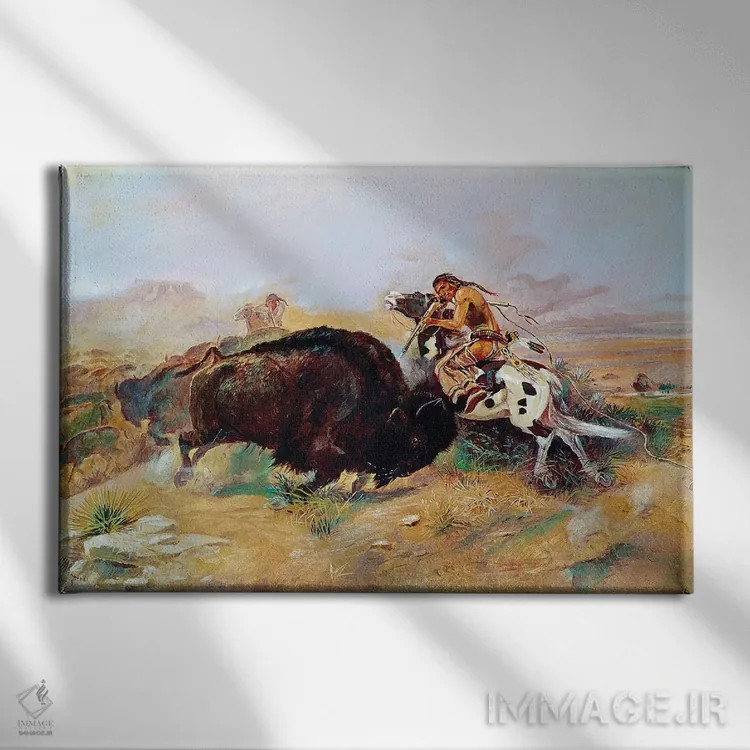 تابلو دکوراتیو راسل: شکار بوفالو اثر چارلز ماریون راسل - نمای روبهرو روی دیوار