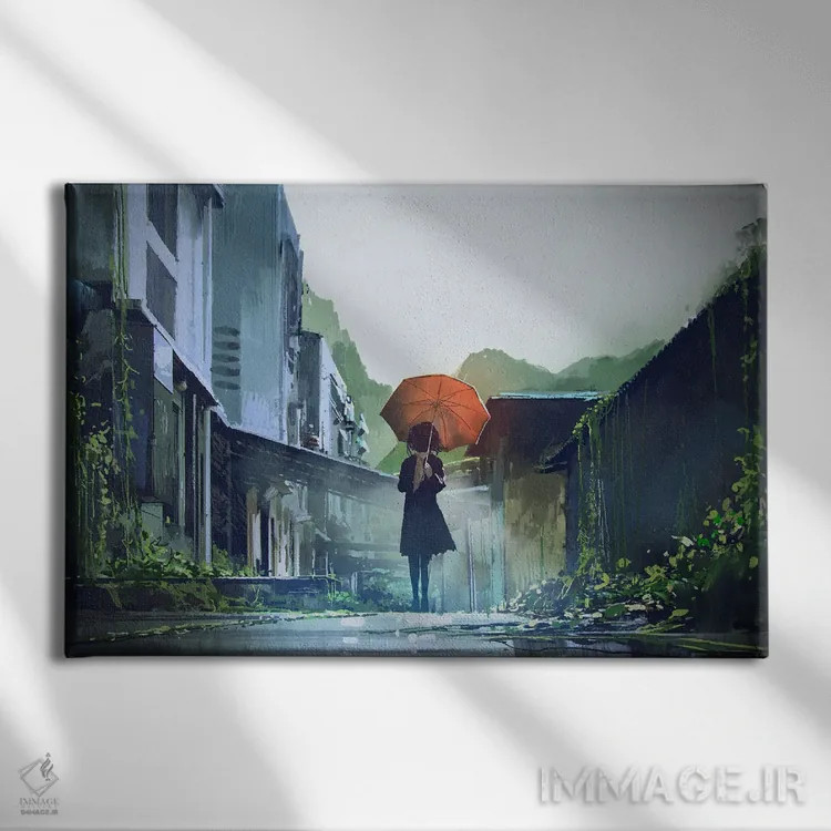 تابلو دکوراتیو زن مرموز با چتر نارنجی اثر گرندفیلر - نمای روبهرو روی دیوار