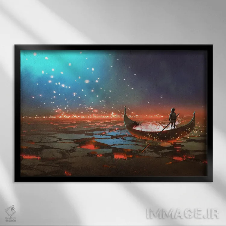 تابلو دکوراتیو قایق در سرزمین آتش فشانی اثر گرندفیلر - نمای قابدار مشکی