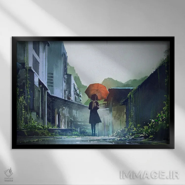 تابلو دکوراتیو زن مرموز با چتر نارنجی اثر گرندفیلر - نمای قابدار مشکی