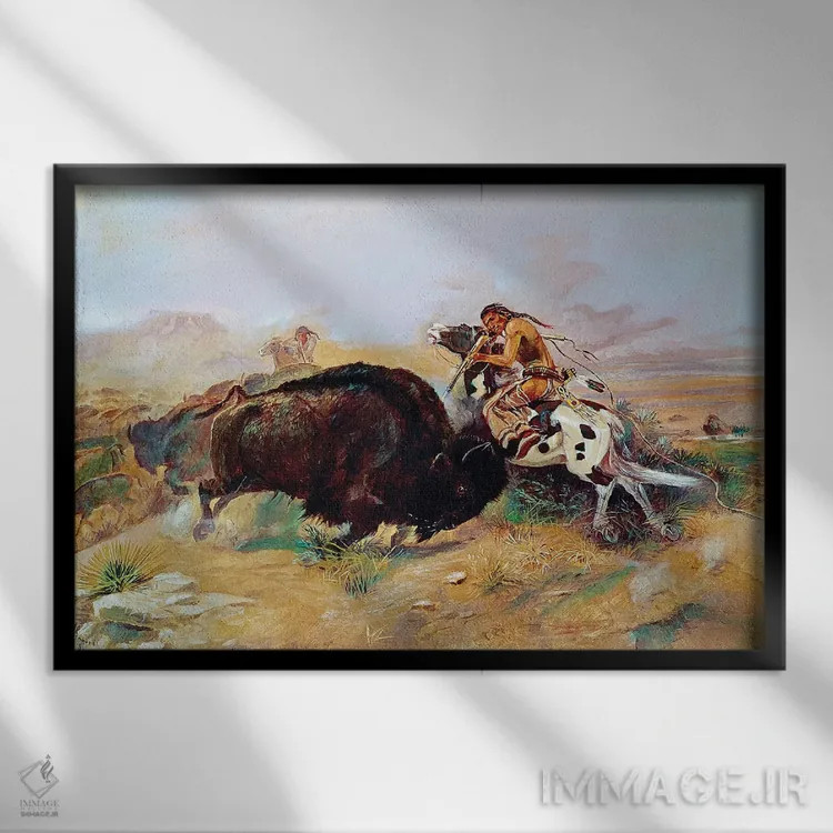 تابلو دکوراتیو راسل: شکار بوفالو اثر چارلز ماریون راسل - نمای قابدار مشکی
