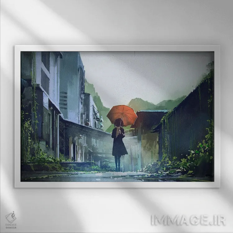 تابلو دکوراتیو زن مرموز با چتر نارنجی اثر گرندفیلر - نمای قابدار سفید