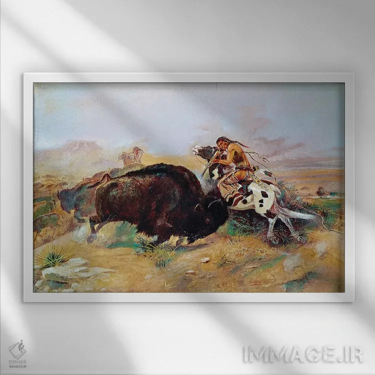 تابلو دکوراتیو راسل: شکار بوفالو اثر چارلز ماریون راسل - نمای قابدار سفید
