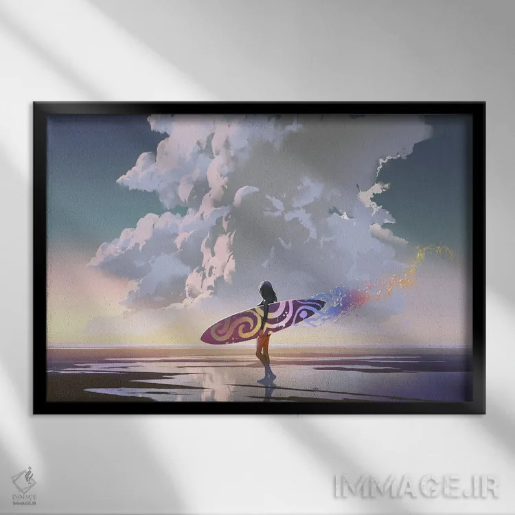 تابلو دکوراتیو دختر موج سوار با تخته جادویی اثر گرندفیلر - نمای قابدار مشکی