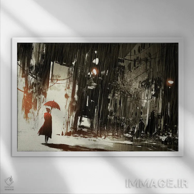 تابلو دکوراتیو زن تنها با چتر اثر گرندفیلر - نمای قابدار سفید