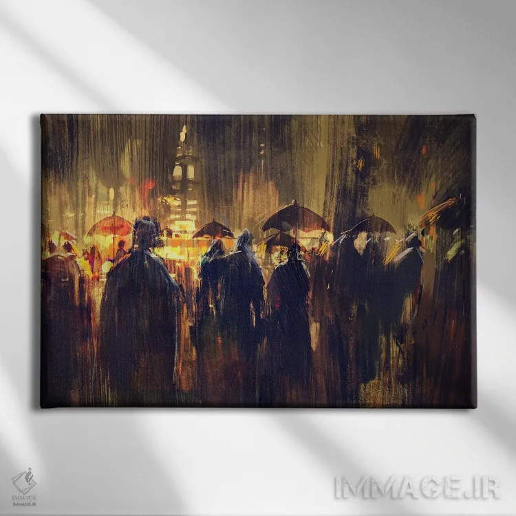 تابلو دکوراتیو مردم در خیابان بارانی اثر گرندفیلر - نمای روبهرو روی دیوار
