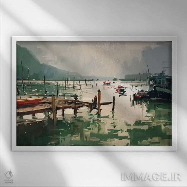 تابلو دکوراتیو قایق های ماهیگیری در بندر اثر گرندفیلر - نمای قابدار سفید