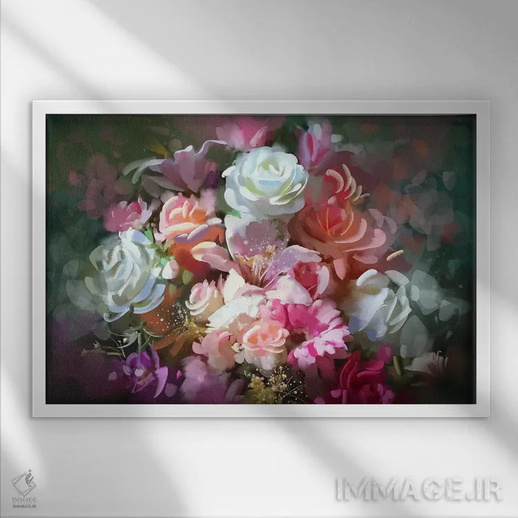 تابلو انتزاعی گل های رنگارنگ اثر گرندفیلر - نمای قابدار سفید