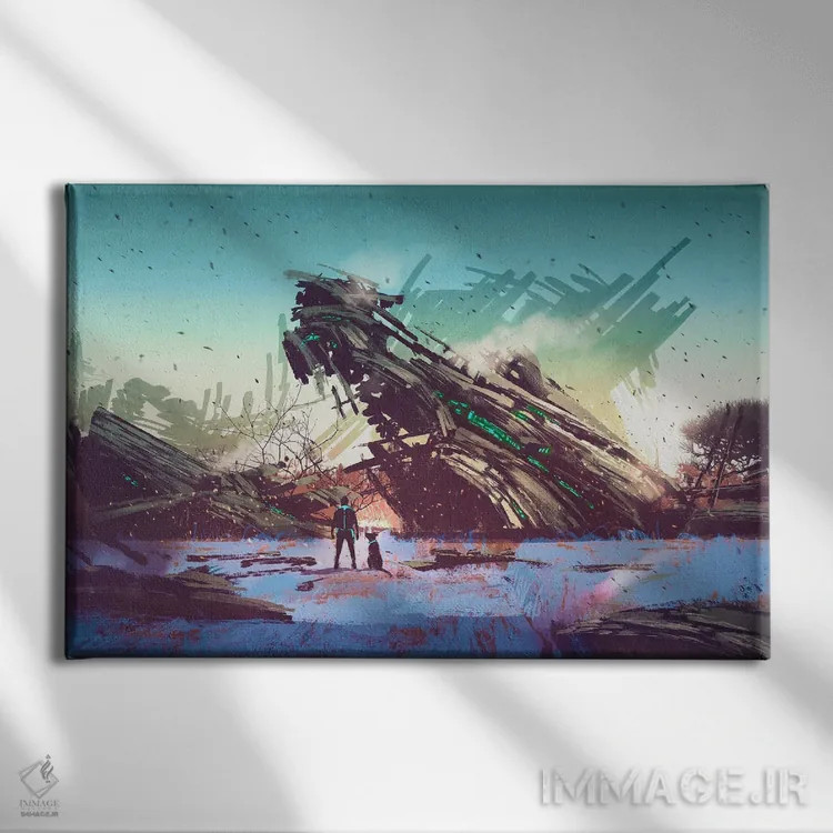 تابلو دکوراتیو سفینه سقوط کرده روی مزرعه آبی اثر گرندفیلر - نمای روبهرو روی دیوار