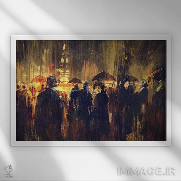 تابلو دکوراتیو مردم در خیابان بارانی اثر گرندفیلر - نمای قابدار سفید
